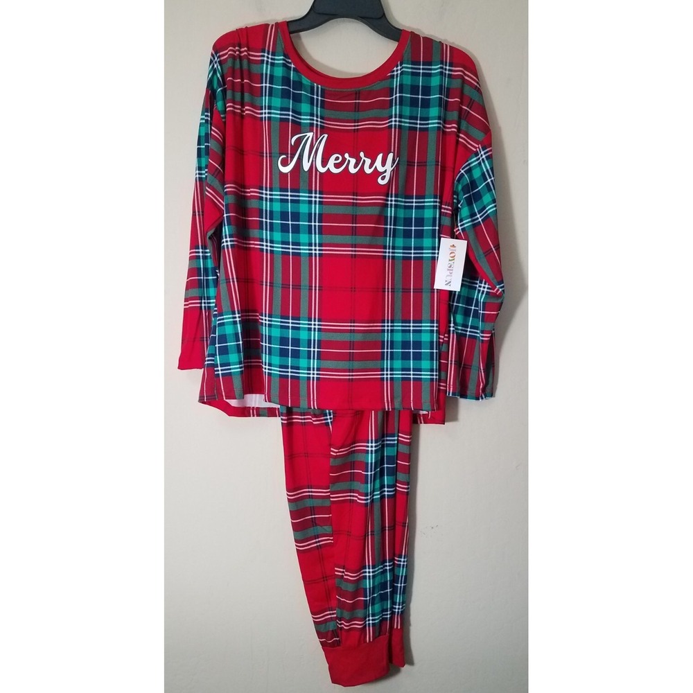 Joyspun Christmas Pajama Set 2pc LS Top Pants Red Plaid Women L(12-14) NEW